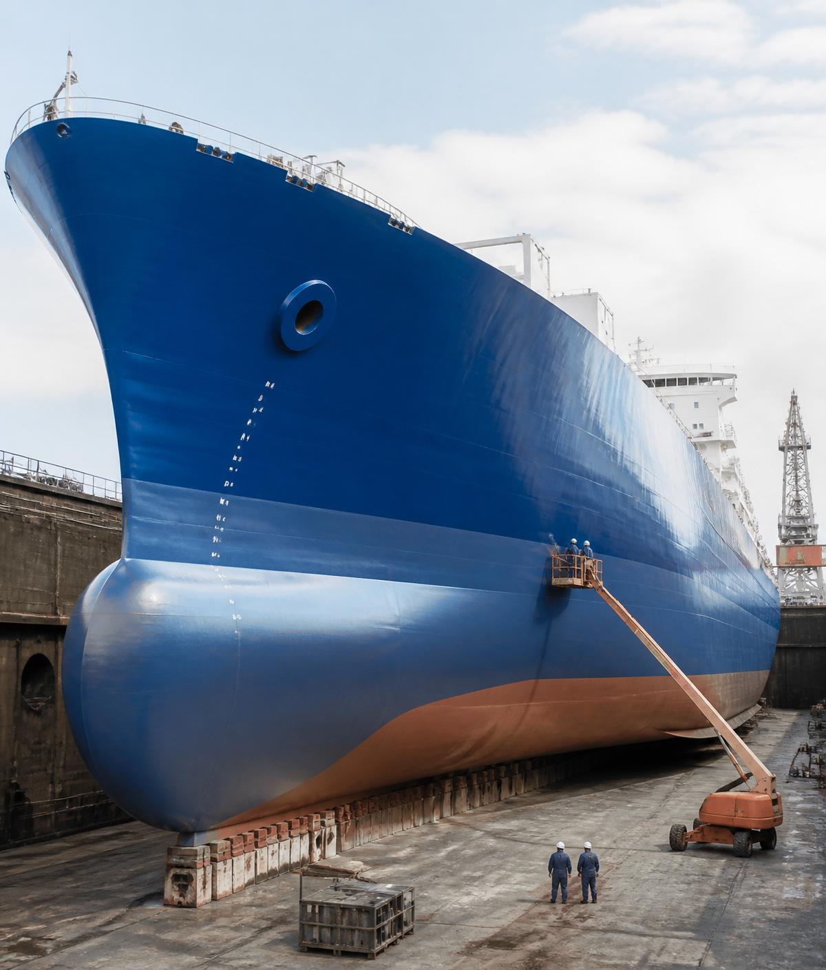 A large ship hull being coated in a dry dock