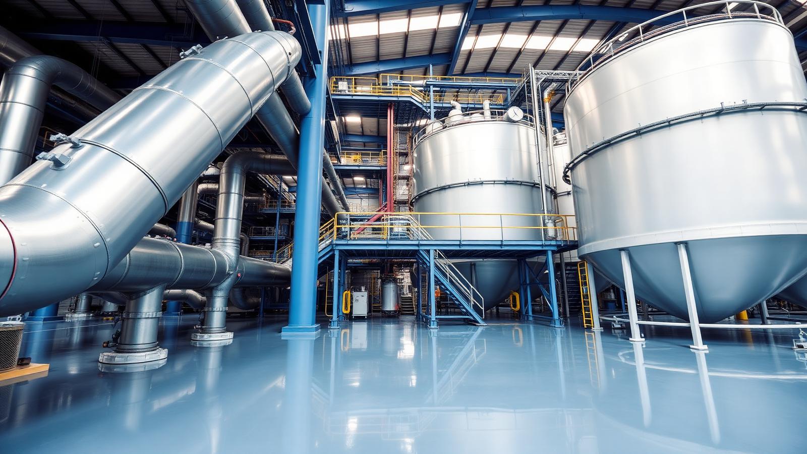 Industrial facility with pipes, tanks and coated factory floor