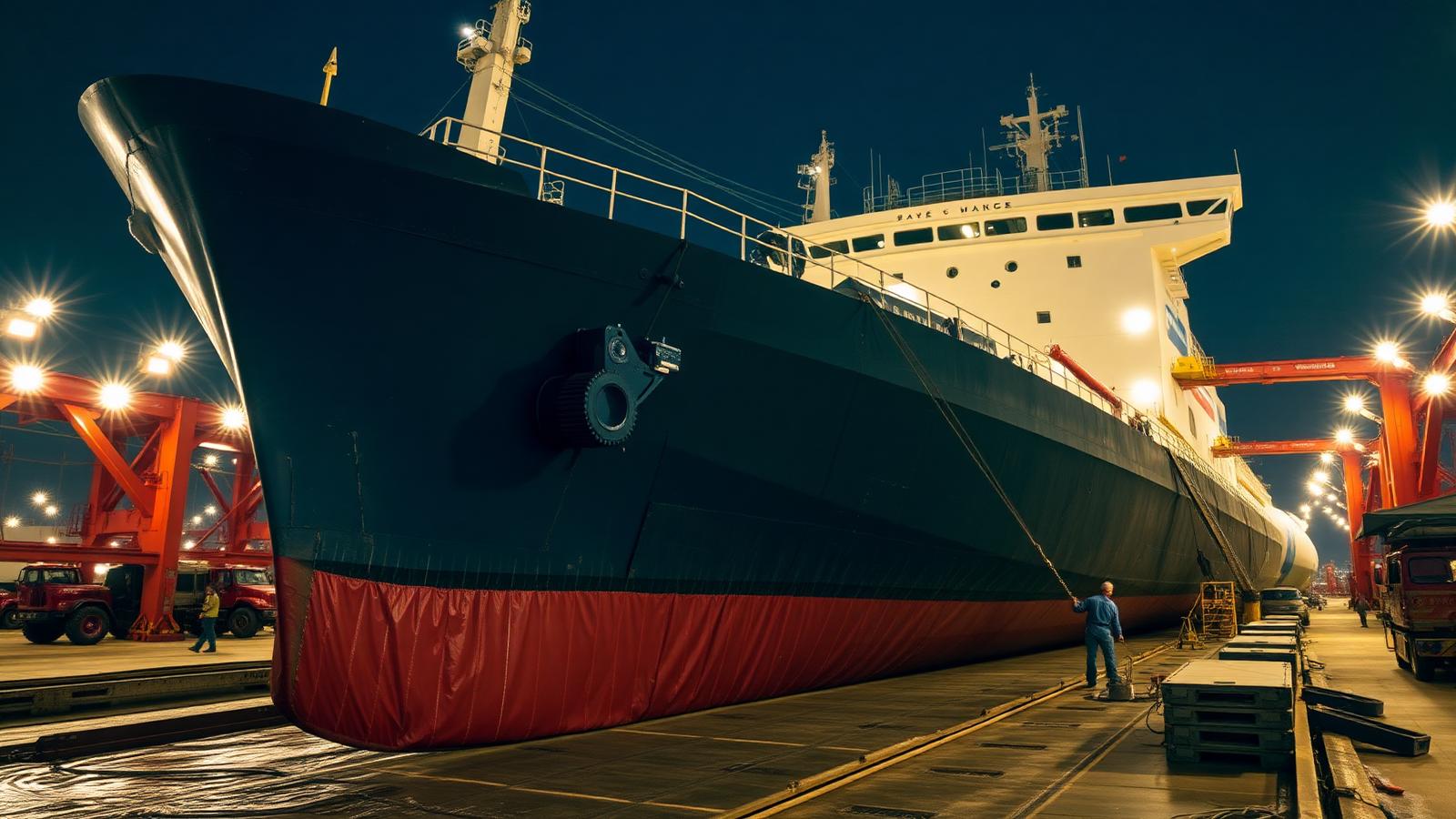 Cargo ship hull being coated in a dry dock